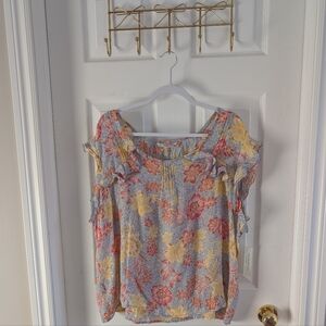 Zac & Rachel Floral Ruffle Sleeve Blouse - Blue and Yellow
